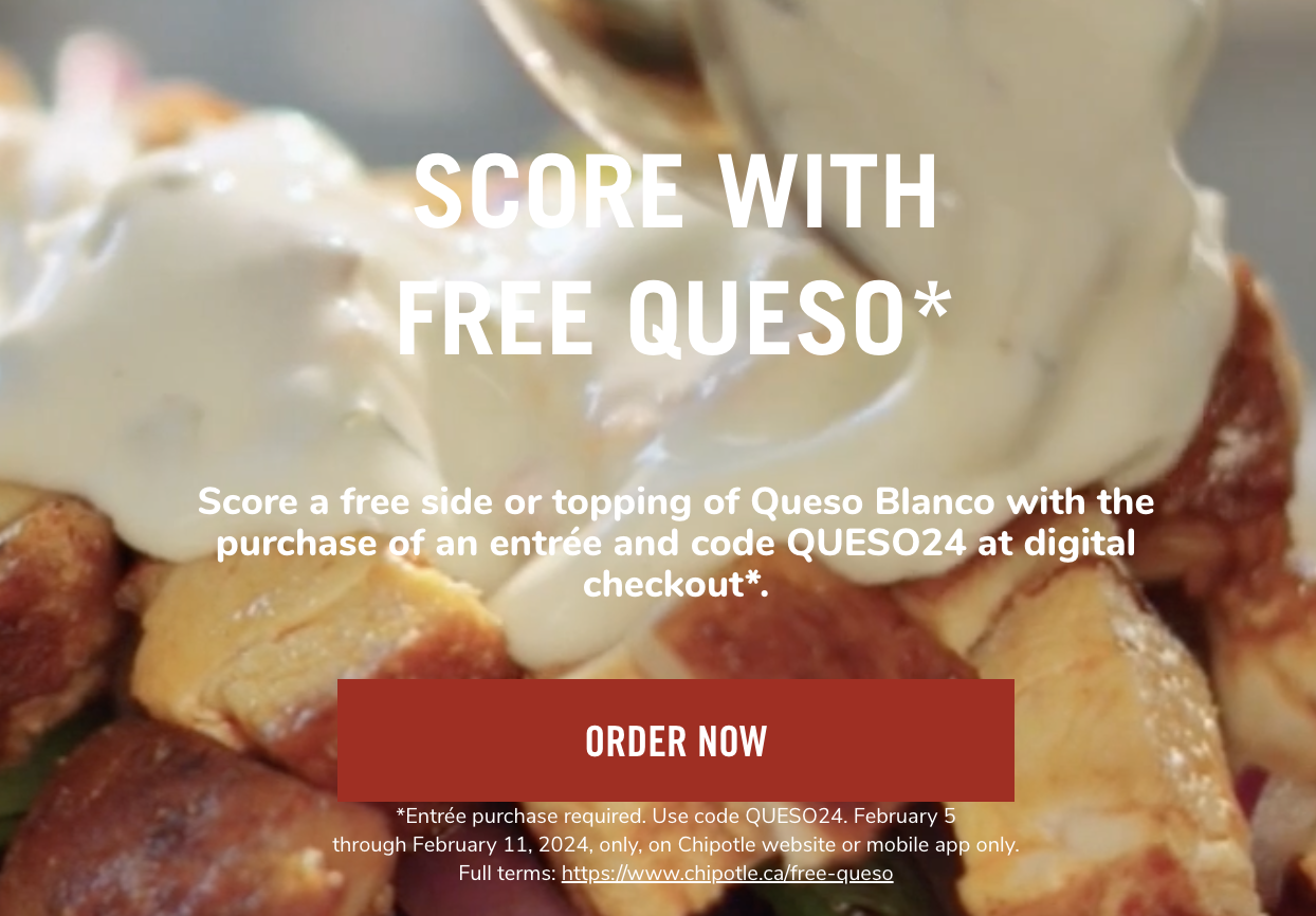 Chipotle Canada Offers FREE Queso with Entrée Using Promo Code